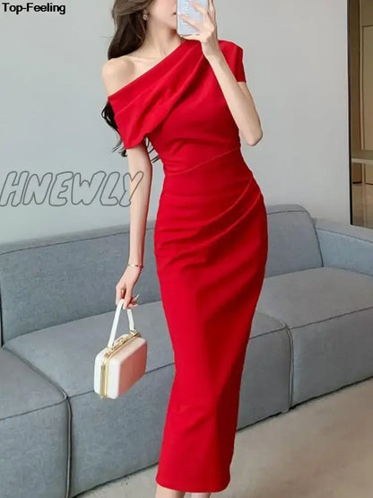 Hnewly Elegant Off Shoulder Evening Party Dresses Women Summer Fashion Slim One Piece Solid Vestidos Korean Graduation Robe Clothing