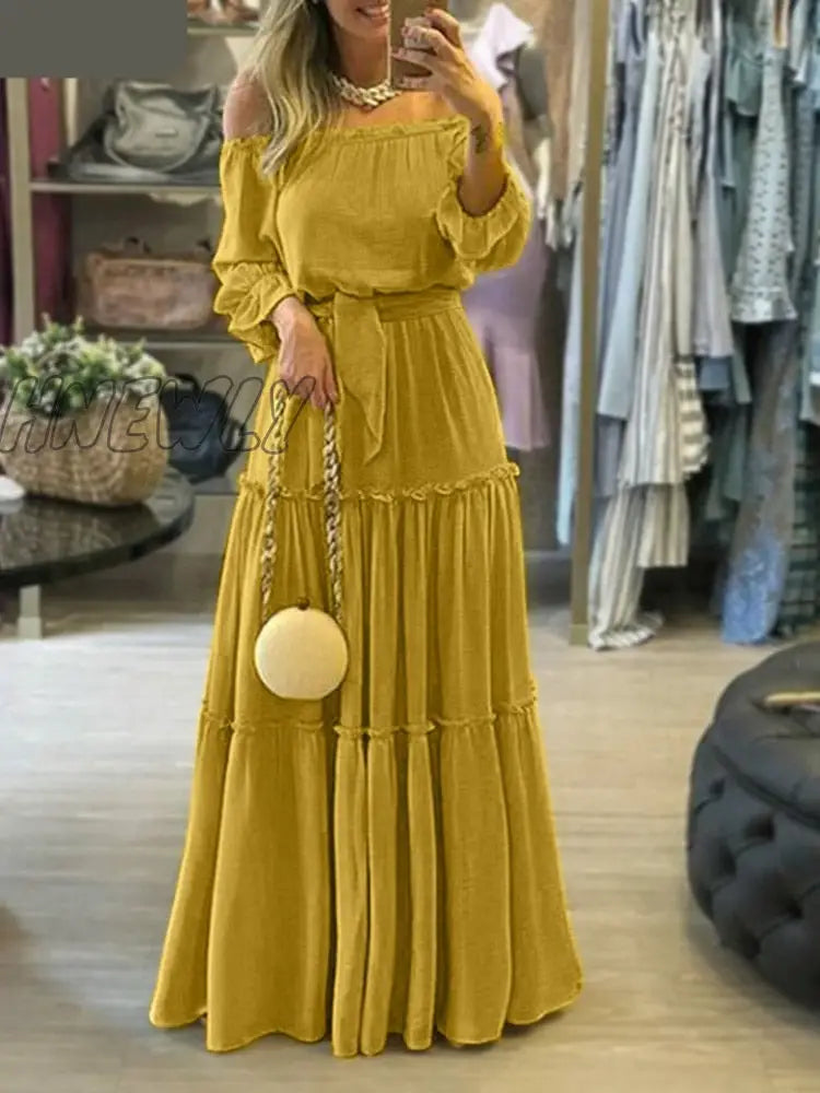 xsrrr Elegant Off Shoulder Women's Dress Autumn Belted Ruffle Maxi Vestidos Casual Puff Sleeve Solid Beach Robe