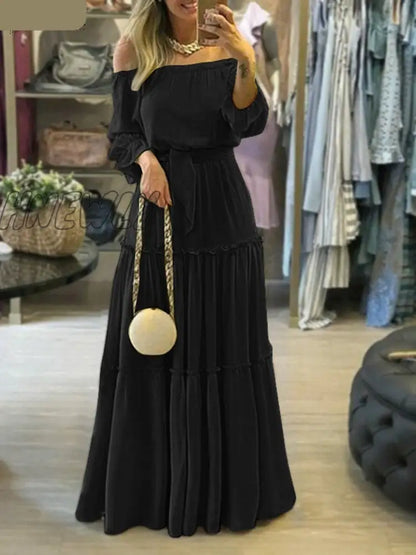 xsrrr Elegant Off Shoulder Women's Dress Autumn Belted Ruffle Maxi Vestidos Casual Puff Sleeve Solid Beach Robe