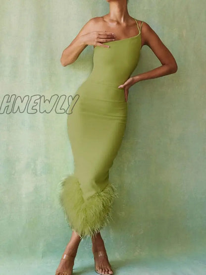 Hnewly Elegant One Shoulder Feather Bottom Midi Dress For Women Robe Summer New Sleeveless Bodycon Long Dress Clubwear