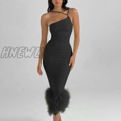 Hnewly Elegant One Shoulder Feather Bottom Midi Dress For Women Robe Summer New Sleeveless Bodycon Long Dress Clubwear