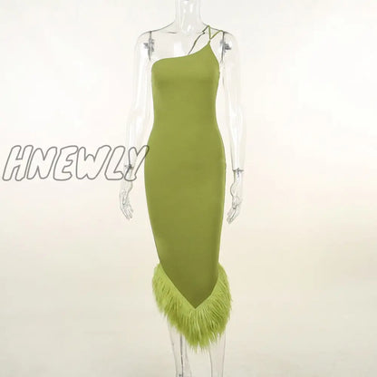 Hnewly Elegant One Shoulder Feather Bottom Midi Dress For Women Robe Summer New Sleeveless Bodycon Long Dress Clubwear