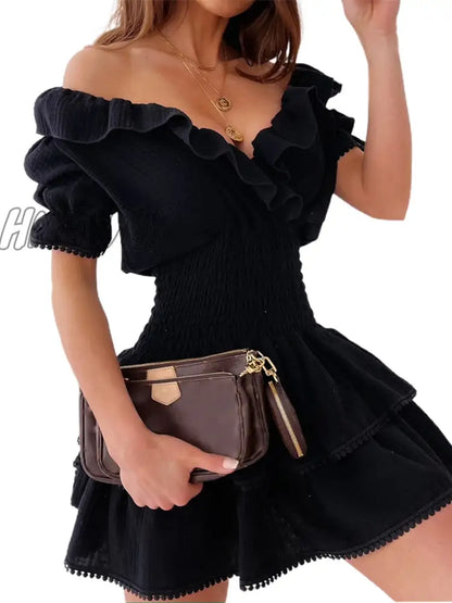 Hnewly Elegant Ruffle Party Dress Summer Butterfly Short Sleeve Mini Dress Spring V Neck Patchwork Women Dress