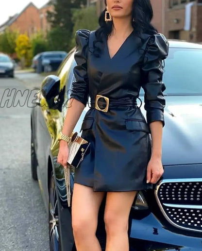 Hnewly Elegant Women's Dresses Autumn Fashion Puffed Sleeve Pu Leather Plain V-Neck Long Sleeve Skinny Mini Ruched Straight Dress