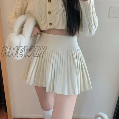 xsrrr Elegant Woolen Pleated Mini Skirt Women Cute Autumn Winter Korean Fashion High Waist Solid A-line Sexy Short Skirts