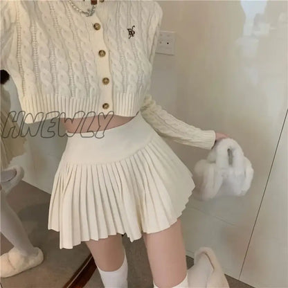 xsrrr Elegant Woolen Pleated Mini Skirt Women Cute Autumn Winter Korean Fashion High Waist Solid A-line Sexy Short Skirts