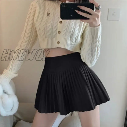 xsrrr Elegant Woolen Pleated Mini Skirt Women Cute Autumn Winter Korean Fashion High Waist Solid A-line Sexy Short Skirts