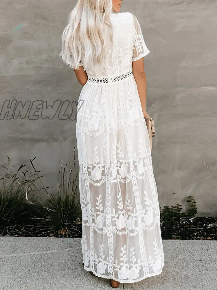 Hnewly Embroidery Lace Hollow Out Maxi Dress For Women Summer Beach Vacation V Neck Elegant Pink Black White Long Dresses Vestido