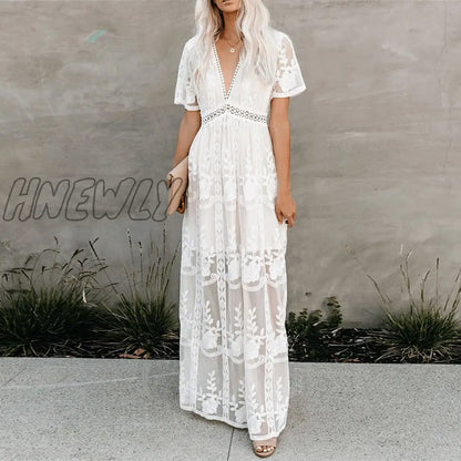 Hnewly Embroidery Lace Hollow Out Maxi Dress For Women Summer Beach Vacation V Neck Elegant Pink Black White Long Dresses Vestido