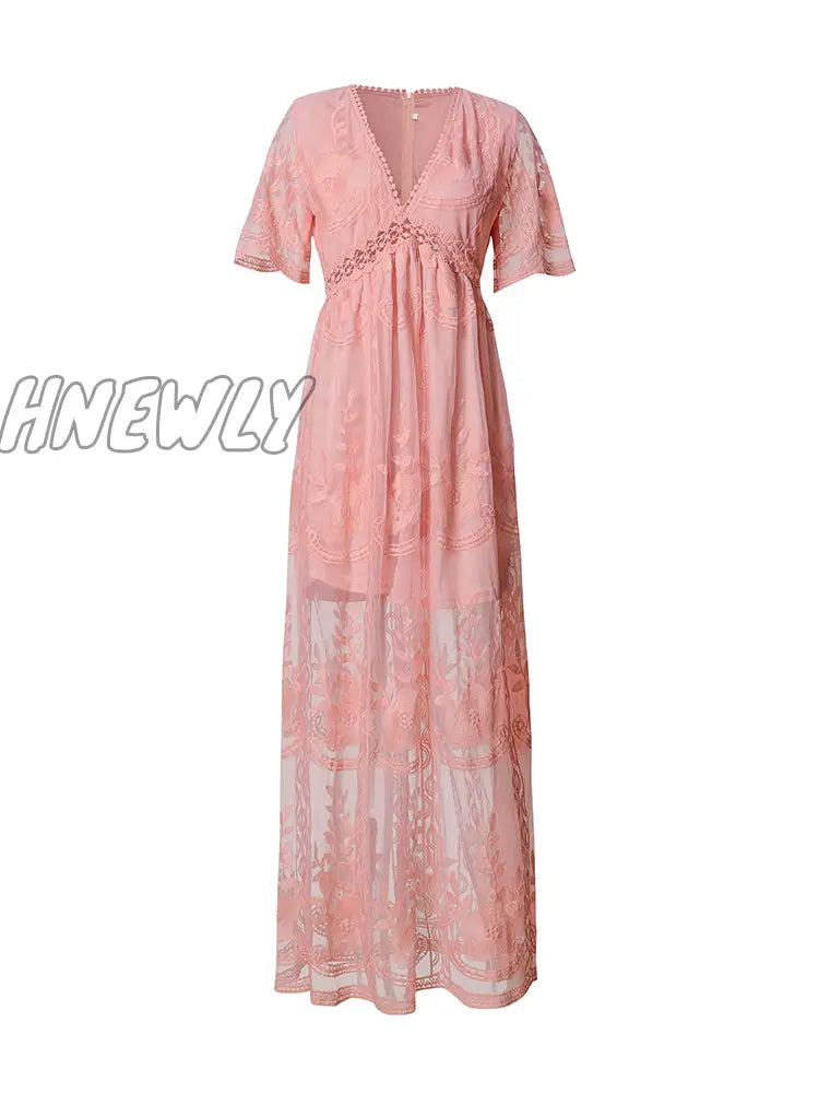 Hnewly Embroidery Lace Hollow Out Maxi Dress For Women Summer Beach Vacation V Neck Elegant Pink Black White Long Dresses Vestido