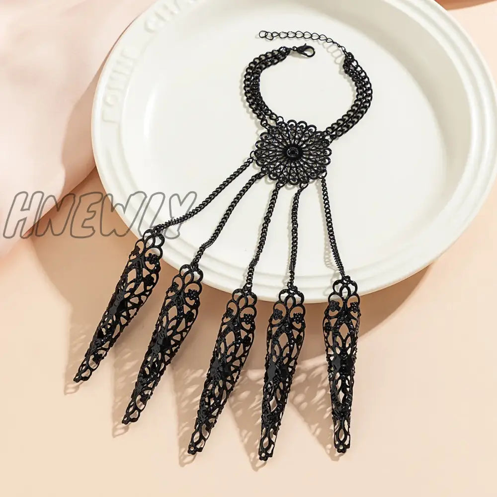 xsrrr Exaggerated Dubai Black Connecting Finger Chain Bracelet for Women Goth Nail Rings Bangles Belly Dancer Halloween Hand Jewelry