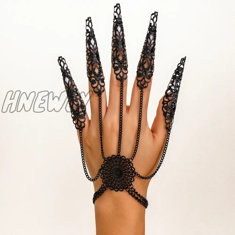 xsrrr Exaggerated Dubai Black Connecting Finger Chain Bracelet for Women Goth Nail Rings Bangles Belly Dancer Halloween Hand Jewelry