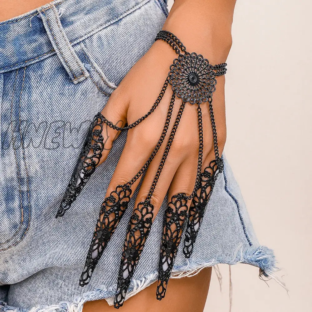 xsrrr Exaggerated Dubai Black Connecting Finger Chain Bracelet for Women Goth Nail Rings Bangles Belly Dancer Halloween Hand Jewelry