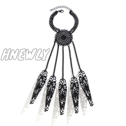 xsrrr Exaggerated Dubai Black Connecting Finger Chain Bracelet for Women Goth Nail Rings Bangles Belly Dancer Halloween Hand Jewelry