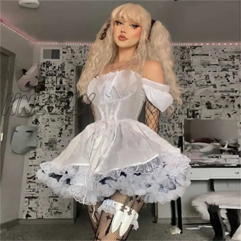 xsrrr Fairy Grunge Square Neck Lace Trim Sexy Kawaii Slim White Dress Women New Bandage Fall Dress Gothic Clothes платье летнее Trendy Summer Fits