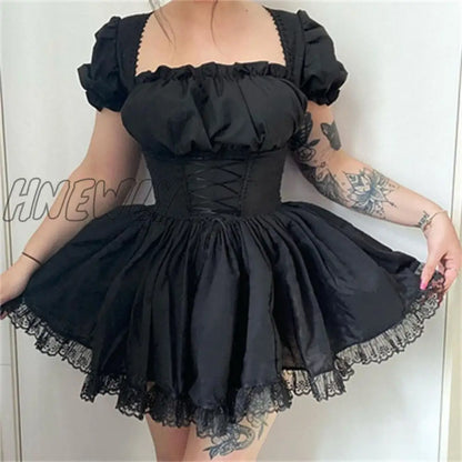 xsrrr Fairy Grunge Square Neck Lace Trim Sexy Kawaii Slim White Dress Women New Bandage Fall Dress Gothic Clothes платье летнее Trendy Summer Fits