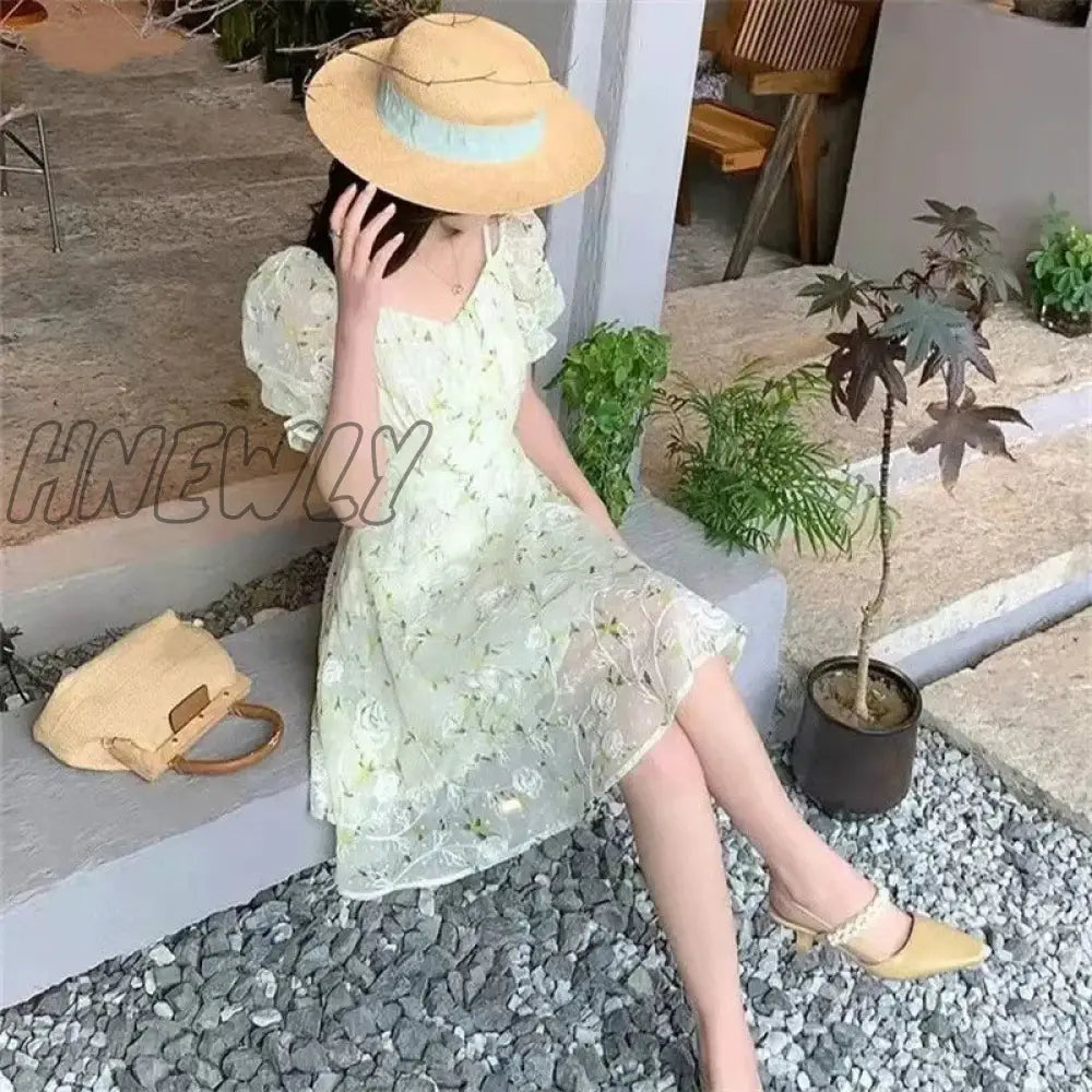 xsrrr Fairycore Floral Embroidery Dresses Female French Temperament Light Green Mini Dress Women Summer Sweet Fresh Puff Sleeve Dress