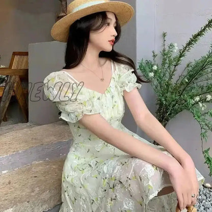 xsrrr Fairycore Floral Embroidery Dresses Female French Temperament Light Green Mini Dress Women Summer Sweet Fresh Puff Sleeve Dress