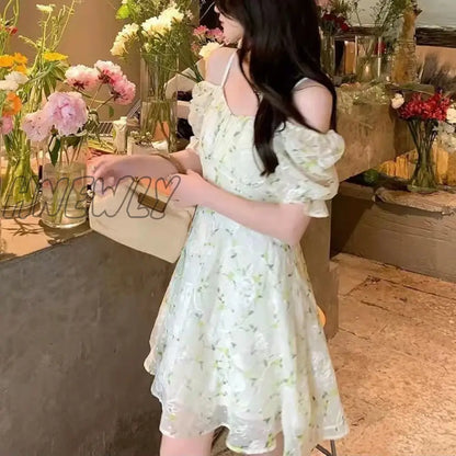 xsrrr Fairycore Floral Embroidery Dresses Female French Temperament Light Green Mini Dress Women Summer Sweet Fresh Puff Sleeve Dress