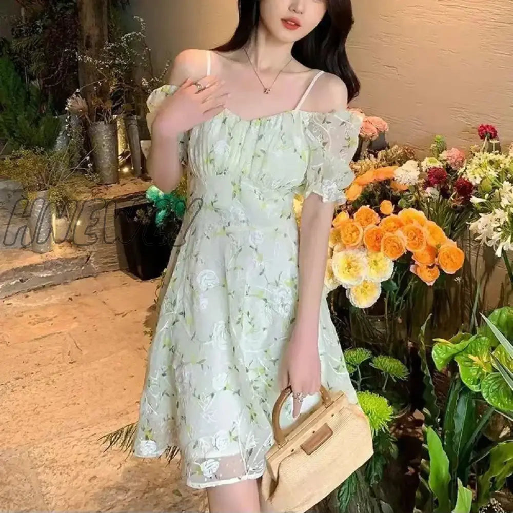 xsrrr Fairycore Floral Embroidery Dresses Female French Temperament Light Green Mini Dress Women Summer Sweet Fresh Puff Sleeve Dress