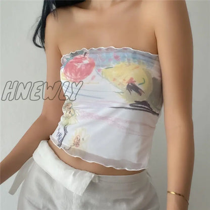 xsrrr Fairycore Off Shoulder Crop Tops Summer Graphic T Shirts Ruffles Strapless Tshirt 2000s Aesthetic Sweet Streetwear 2024