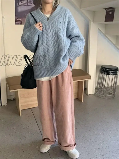 Hnewly Fall Winter Womens Sweaters Women Clothing Knitted Loose Sweater Knitting Wool Oversize Pullover Woman Sweaters Girls Thick