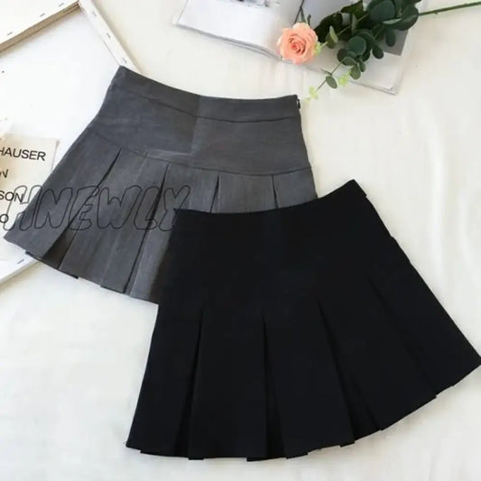 Hnewly Fashion A Line Women Pleated Skirt High Waist Zipper Grey Student Mini Skirt JK Summer New Black Ladies Suit Skirt