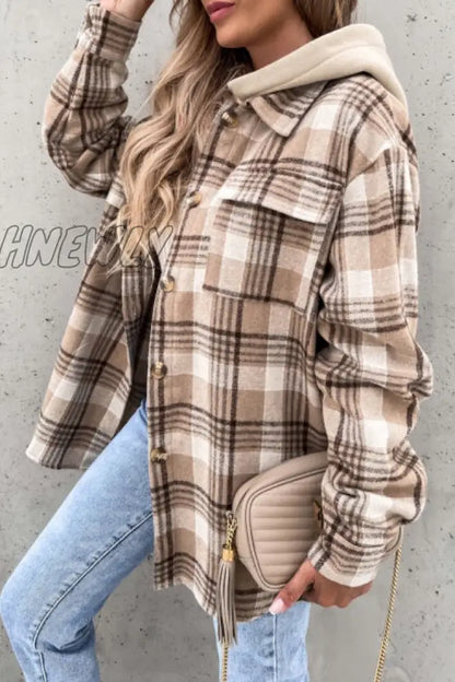 xsrrr - Fashion Casual Plaid Contrast Turndown Collar Outerwear