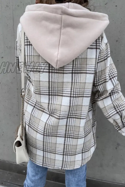 xsrrr - Fashion Casual Plaid Contrast Turndown Collar Outerwear