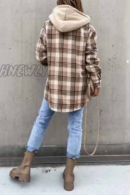 xsrrr - Fashion Casual Plaid Contrast Turndown Collar Outerwear