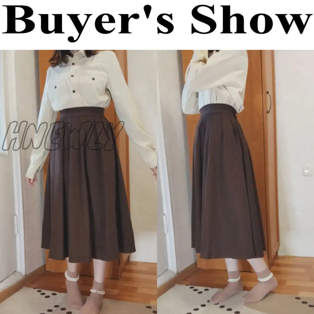 Hnewly Fashion High Waist Pleated Skirt Women Korean Elegant College Style Midi Skirt Ladies Autumn Winter Thick A-line Skirts