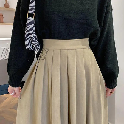 Hnewly Fashion High Waist Pleated Skirt Women Korean Elegant College Style Midi Skirt Ladies Autumn Winter Thick A-line Skirts