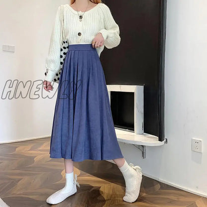 Hnewly Fashion High Waist Pleated Skirt Women Korean Elegant College Style Midi Skirt Ladies Autumn Winter Thick A-line Skirts