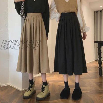 Hnewly Fashion High Waist Pleated Skirt Women Korean Elegant College Style Midi Skirt Ladies Autumn Winter Thick A-line Skirts