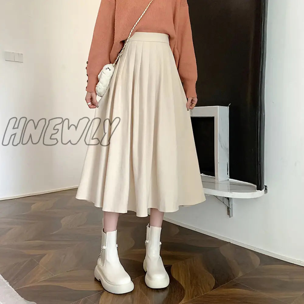 Hnewly Fashion High Waist Pleated Skirt Women Korean Elegant College Style Midi Skirt Ladies Autumn Winter Thick A-line Skirts