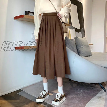 Hnewly Fashion High Waist Pleated Skirt Women Korean Elegant College Style Midi Skirt Ladies Autumn Winter Thick A-line Skirts