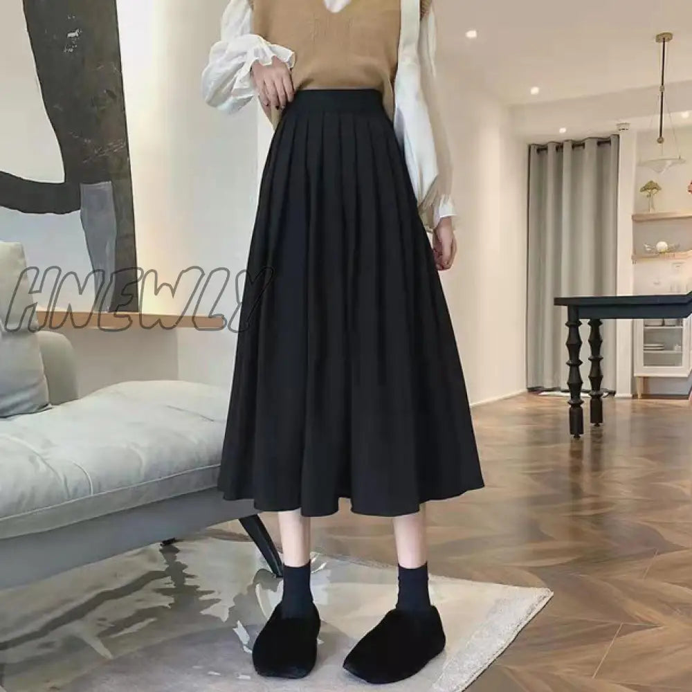 Hnewly Fashion High Waist Pleated Skirt Women Korean Elegant College Style Midi Skirt Ladies Autumn Winter Thick A-line Skirts