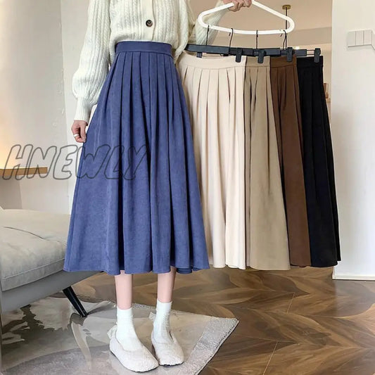 Hnewly Fashion High Waist Pleated Skirt Women Korean Elegant College Style Midi Skirt Ladies Autumn Winter Thick A-line Skirts