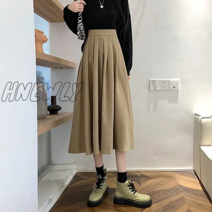 Hnewly Fashion High Waist Pleated Skirt Women Korean Elegant College Style Midi Skirt Ladies Autumn Winter Thick A-line Skirts