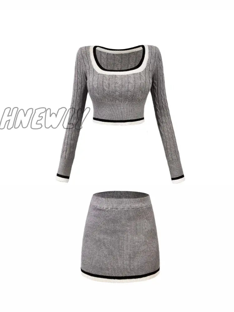 xsrrr Fashion Knitted Suit Woman Y2k Crop Tops Sweater + Casual Shirt + Slim Bodycon Mini Skirt Korean 3 Piece Set Skirt 2024 Autumn