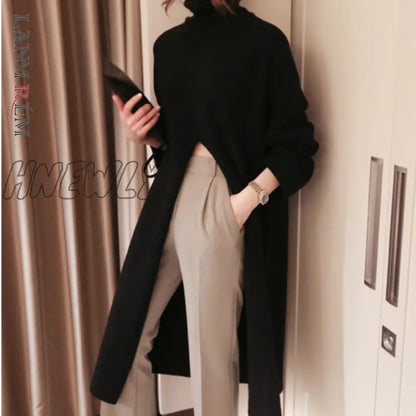 Hnewly Fashion Knitted Turtleneck Long Sweater Women Front Split Office Solid Pullover Autumn Winter Elegant Jumper Sweaters