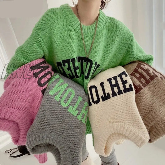 Hnewly Fashion Letter Printed Knitted Female Pullovers O-neck Long Sleeve Women Sweaters Autumn Winter New Outerwear Tops