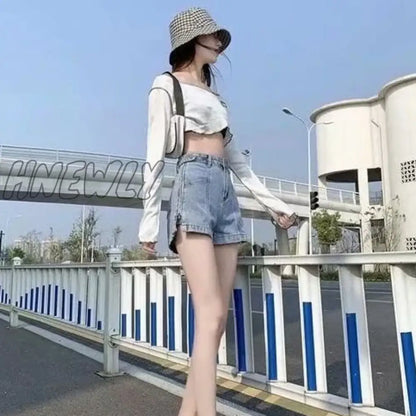 xsrrr Fashion New Summer Women High Waist Button Wigh Leg Jeans Shorts Casual Female Loose Fit Blue Denim Shorts