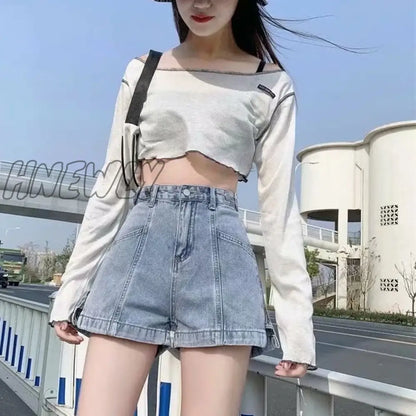 xsrrr Fashion New Summer Women High Waist Button Wigh Leg Jeans Shorts Casual Female Loose Fit Blue Denim Shorts