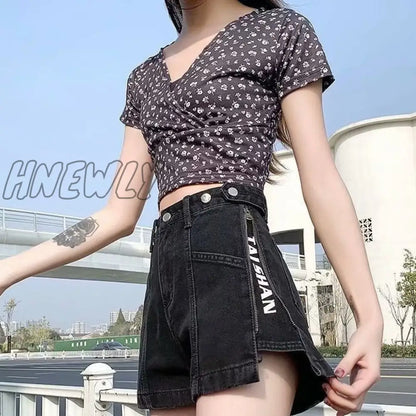 xsrrr Fashion New Summer Women High Waist Button Wigh Leg Jeans Shorts Casual Female Loose Fit Blue Denim Shorts