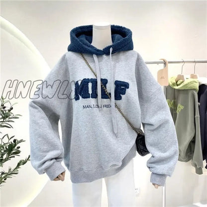 xsrrr Fashion Patchwork Oversize Sweatshirt Women Winter Casual Loose Cotton Thick Letter Long Sleeve Hoodies Female Streetwear