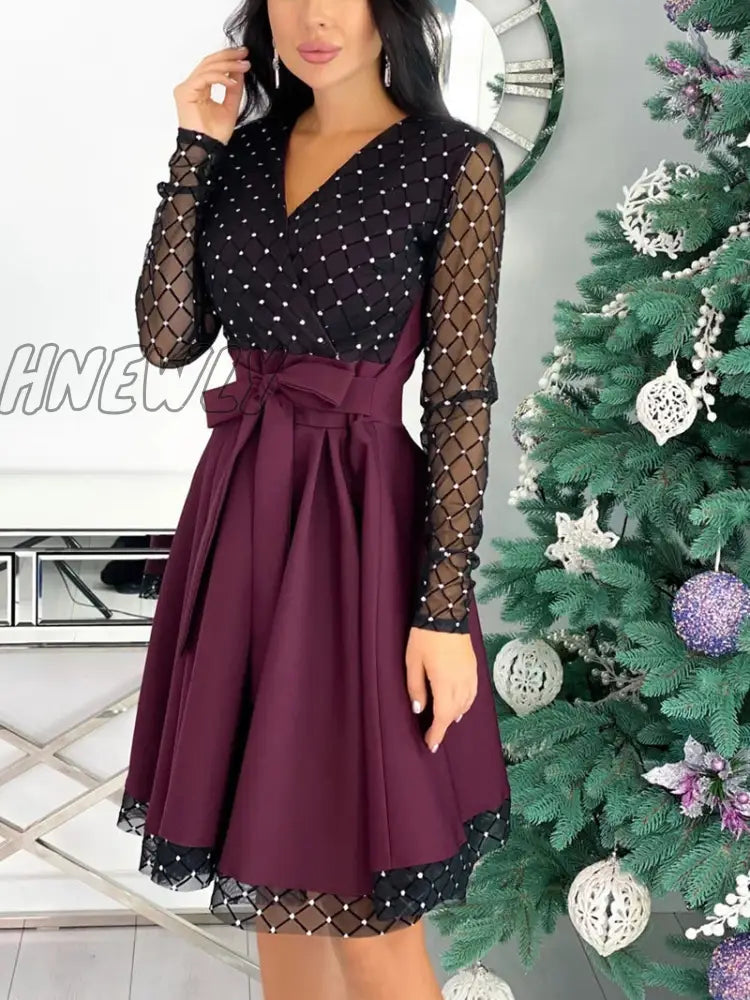 Hnewly Fashion Shiny Sequin Diamond Mesh Stitching Dress Women Spring Autumn Sheer Long Sleeve Belted Slim A Line Dresses Spring Outfits Trends