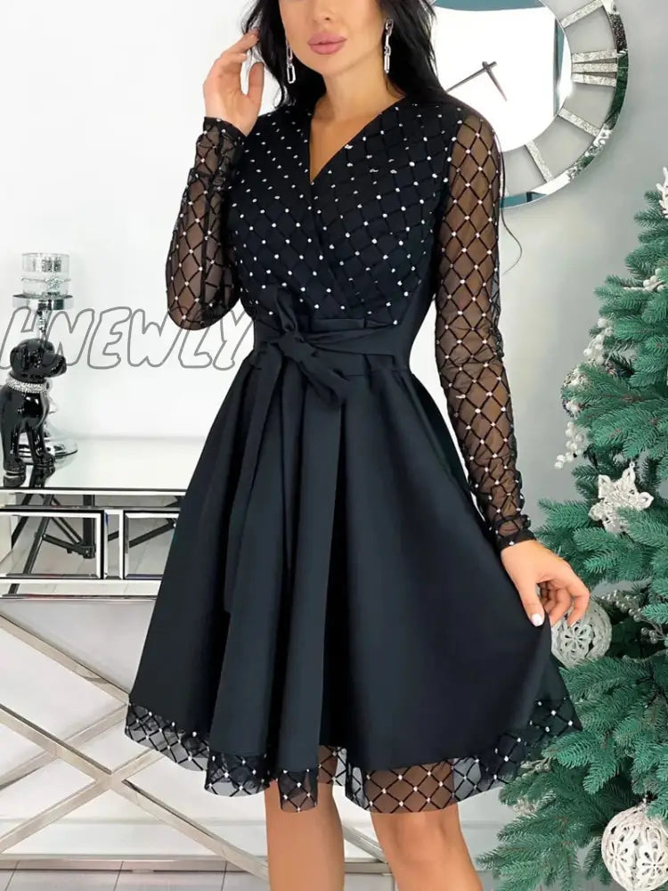 Hnewly Fashion Shiny Sequin Diamond Mesh Stitching Dress Women Spring Autumn Sheer Long Sleeve Belted Slim A Line Dresses Spring Outfits Trends