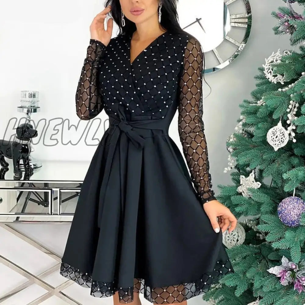 Hnewly Fashion Shiny Sequin Diamond Mesh Stitching Dress Women Spring Autumn Sheer Long Sleeve Belted Slim A Line Dresses Spring Outfits Trends