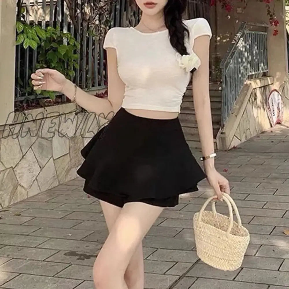 xsrrr Fashion Skirt with Shorts for Woman Summer Sexy Ruffles White Mini Skirts Women Korean High Waist Back Zipper Puffy Skirt